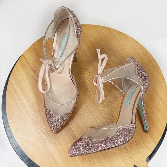 Betsey Johnson Stela Glitter Ankle Tie Pumps Heels Rose Gold 7 - Picture 1 of 15